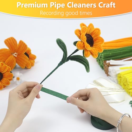 Image of 400 Pcs Pipe Cleaners Craft, 5 Assorted Colors Pipe Cleaners Bulk | Chenille Stems for DIY Flower Making Kit with Floral Wires, Gardening Tape,Stamen& Ribbon (Sunflowers)