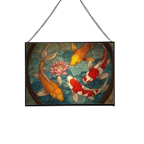 Koi Fish in Circular Pond with Lotus Rectangular Stained Glass Suncatcher – Hanging Window Panel with Animal & Nature Scene – Vibrant Glass Art Gift for Wildlife, Fantasy, Nature Lovers rVvqvP