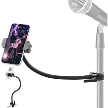 Mic Stand Phone Holder, 17.7" Flexible Gooseneck Phone Holder, 360 Adjustable Phone Mount for Music Stand/Stroller/Treadmill/Spin Bike/Exercise Bicycle, Compatible with 4-7" iPhone/Android Devices