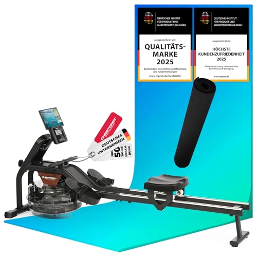 Christopeit Rudergerät für Zuhause – Wasserrudergerät WP 2000 oder Garda - Aluminium-Schiene - Bluetooth - bis 120 kg (Garda inkl. Bodenschutzmatte)