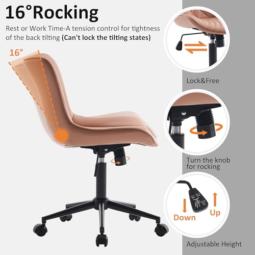 Image of YOUTASTE Pink Modern Office Chair, Faux Leather Armless Desk Chair with Wheels, Height Adjustable, Swivel, Rocking, 300 lbs Capacity, Metal Base, for Home Office Vanity