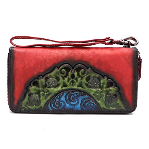 IVTG Genuine Leather Wallets for Women Long Purse Vintage Embossing Cowhide Handmade Small Clutch (Red)3