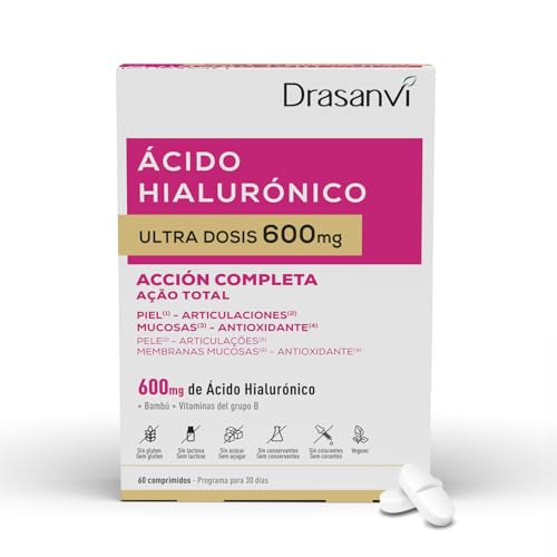 Drasanvi Acido Hialuronico 600mg | Suplemento de Hidratación para la Piel | Con Bambú, Biotina y Vitaminas B | Apoyo para Piel, Articulaciones y Mucosas | 60 Comprimidos