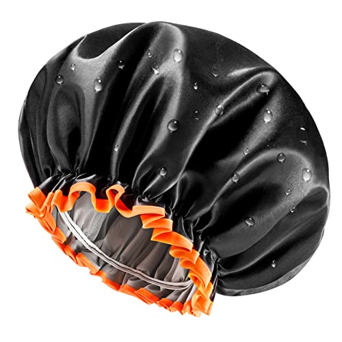 mikimini Black Shower Cap, Double Layers Waterproof Bathing Hair Cap with Reusable Soft Comfortable PEVA Lining, Cute, Non-fading & Stretchy Shower Hat X-Large Pack of 1, Black + Orange