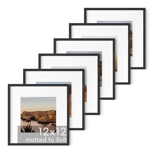 HAUS AND HUES Solid Oak Wood 12”x12” Picture Frames Matted to 8”x8” Set of 6-12 by 12 Frames Square, 12x12 Square Black Frames for Gallery Wall, 12x12 Frame with Mat, 12 x 12 Frames