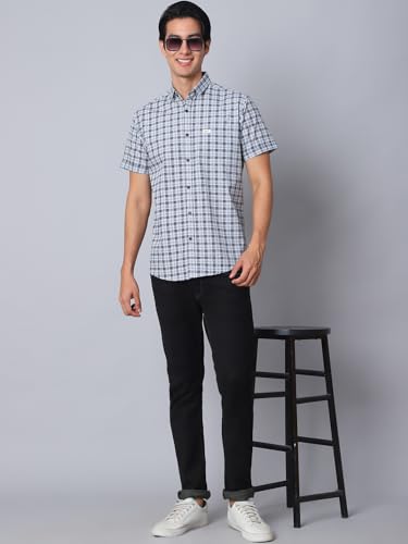 Image of Majestic Man Men Comfort Slim Fit Checked Pure Cotton Half Sleeve Casual Shirt