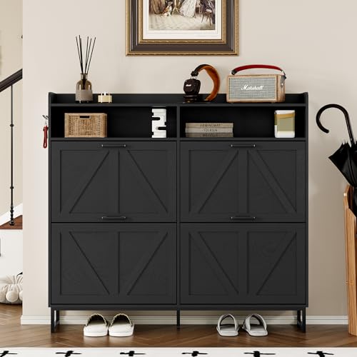 Image of BORNOON Shoe Cabinet with 4 Flip Drawers Narrow Shoe Storage Cabinet Organizer Wooden Freestanding Shoe Rack Hidden Slim Shoes Storage Cabinet for Entryway, Hallway, Living Room, Bedroom