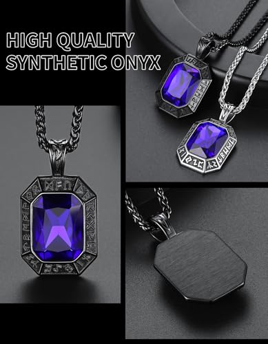 Image of ChainsHouse Viking Rune Pendant Necklace for Men Women, Punk Biker Black Metal /316L Stainless Steel Onyx Norse Vintage Amulet Necklaces with Black /Red /Green /Blue Gemstone, Send Gift Box