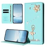 BEENTRYS Funda Cartera para ZTE Blade A53 Pro,Cuero PU Brillante Bailarina Flor Perlas Strass RFID Ranuras para Tarjetas Soporte Magnético Antigolpes Carcasa-Menta