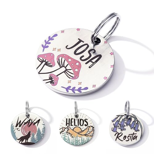 Nicovang Targhette per cani personalizzate, Medagliette incise con stampa a colori, Targhette identificative per animali domestici personalizzate, supporto per collare per gatti (Fungo)