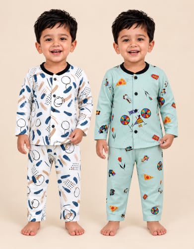 Image of 3BROS Kids Pure Cotton Night Suit Set | Boys Girls Printed Sleepwear Shirt & Pajama Clothing Combo | Soft Breathable Night Dress Outfit | Pack of 2