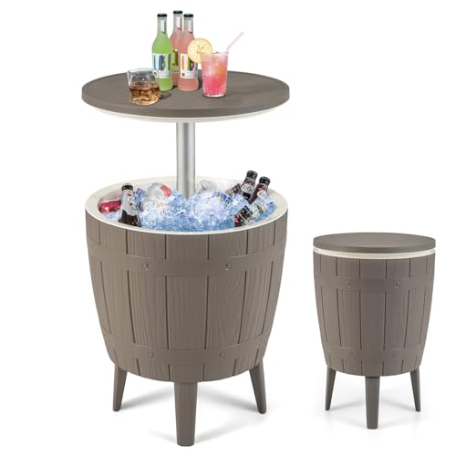 TANGZON 38L Ice Bucket Table Side Table Beer Cooler with Telescopic Tabletop All-Weather Outdoor Coffee Cocktail Tables for Backyard Party Poolside