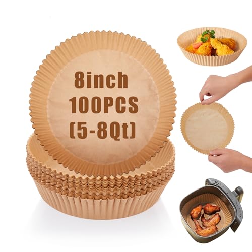 Air Fryer Liners Disposable, 100PCS Non-stick Disposable Airfryer Liners, 8 Inch Unbleached Parchment Paper, Round Airfryer Paper Liners for 5-8QT Air Fryer, Baking, Roasting Microwave