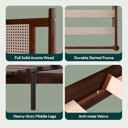 Image of Arman HANDICRAFTS King Size Wooden Bed with Rattan Cane Headboard | Solid Wood Platform Bed Frame with Slats | Mid-Century Modern Bed | No Box Spring Required | Easy Assembly | Brown Finish