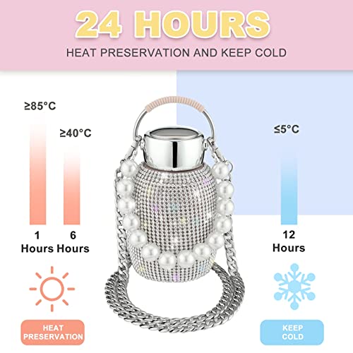 Gendlthij Diamond Water Bottle Bling Stainless Steel Thermal Bottle, Colorful Vacuum Flask Refillable Insulated Water Bottle With Chain Glitter Water Bottle With Pearl Bracelet For Women Girl (Silver) #TOP3
