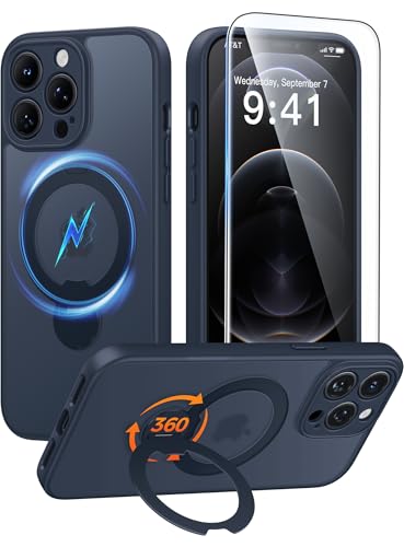 Image of FNTCASE for iPhone 12 Pro-Max Case: [360 Spin Magnetic Stand] [Compatible with Magsafe] [Screen Protector] Translucent Matte Military Grade Shockproof Full Camera Protective Phone Cover - Deep Blue