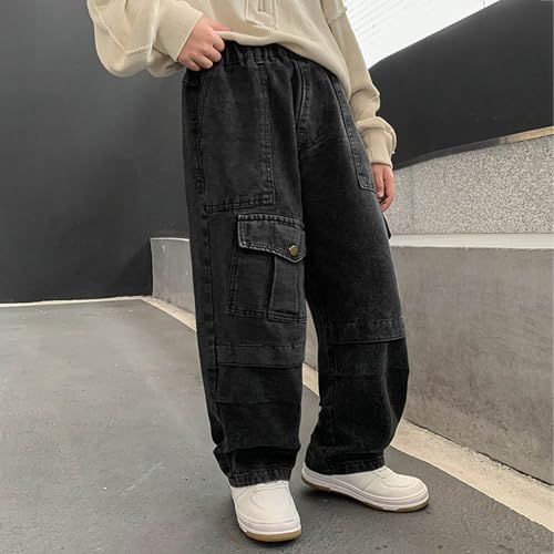 Teen Boys Y2K Cargo Jeans Kids High Waisted Stretch Button Dance Denim Pants Children Baggy Straight Leg Vintage Streetwear3