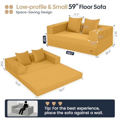 Image of COMAX Futon Sofa Bed, Convertible Sofa Bed, Folding Boneless Couches | Low-Profile Boneless Couch for Living Room, 11.8 inch H Low Seat Small 59 inch Foldable Floor Sleeper Mattress Lounge Space‑Saving