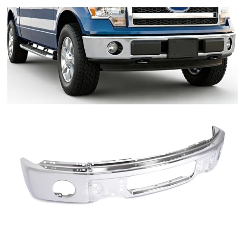 ALMULOO Front Bumper Compatible with 2009-2014 Ford F-150 with Fog Light Holes Steel Front Bumper Face Bar Replacement for FO1002411 9L3Z17757B Chrome 3Pcs