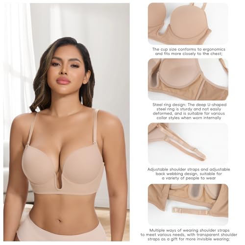 JOYSHAPER Plunge Bras for Women Backless Push Up Bras Low Cut Padded Bras Shaper Convertible with Clear Straps Dress Bra3