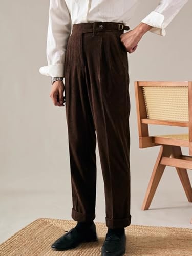 Mens Corduroy Pants Pleated Casual Straight Leg Vintage Fall Winter Adjustable Waist Dress Pants3