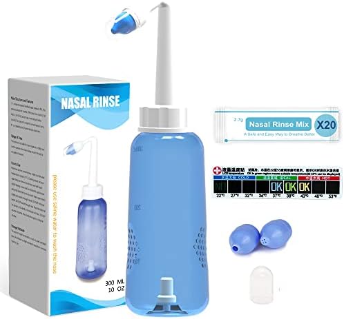 Nasal Irrigation System-300ml 10oz Nasal Wash Bottle Sinus Rinse Bpa-Free for Adult & Kid with 20 Nasal Wash Salt Packets and Sticker