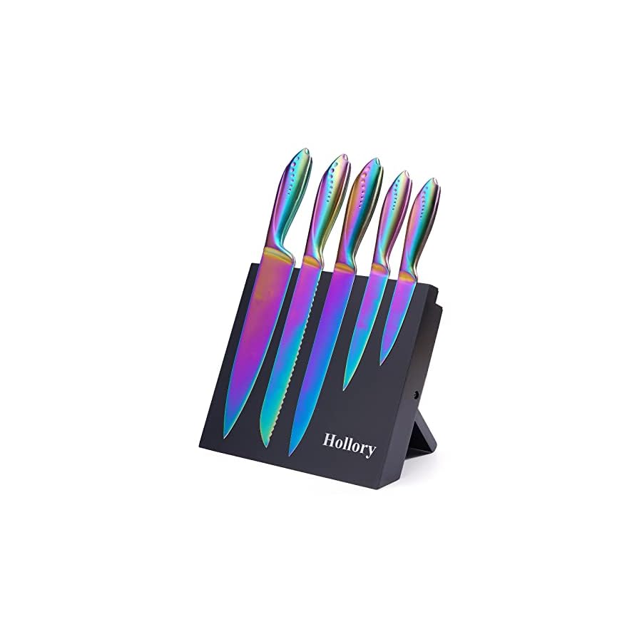 Rainbow Knives Block Set 6 Pieces, Iridescent German High Carbon Stainless Steel Kitchen Knives Pack with Magnetic Knife Display Rack