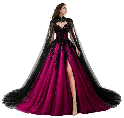 TRHTX Gothic High Slit Wedding Dress with Cape Bright Pink Tulle Bridal Gown 0