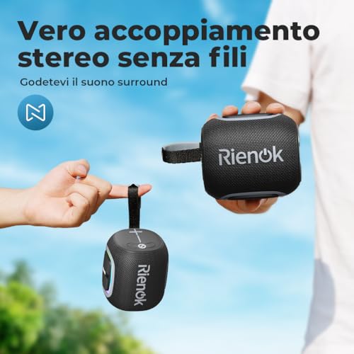 RIENOK Cassa Bluetooth Potente Portatile Impermeabile Speaker Bluetooth 5.3, Radio FM/USB/AUX/Micro SD, Vero Stereo Senza Fili, Luce LED, Ricaricabile Tipo-C - 4