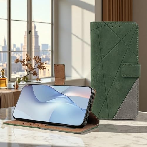 Image of amazon basics Redmi Note 14 Pro Plus 5G Flip Cover | Card Pockets Wallet & Stand | Flip Cover for Redmi Note 14 Pro Plus 5G (Green with Grey)