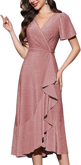 Women Sparkly Formal Wedding Guest Dress Party V Neck Wrap Glitter Ruffle Short Sleeve Prom Evening Midi Elegant Flowy Dresses Blush Pink L
