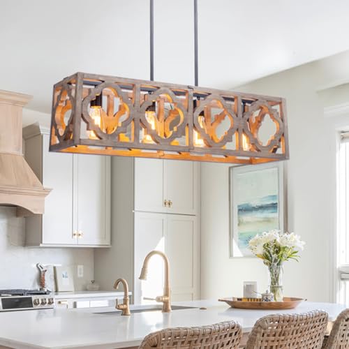 Farmhouse Chandelier Rectangle Wood Kitchen Island Pendant Lighting 4-Light Industrial Linear Chandelier Fixture for Dining Living Room Foyer