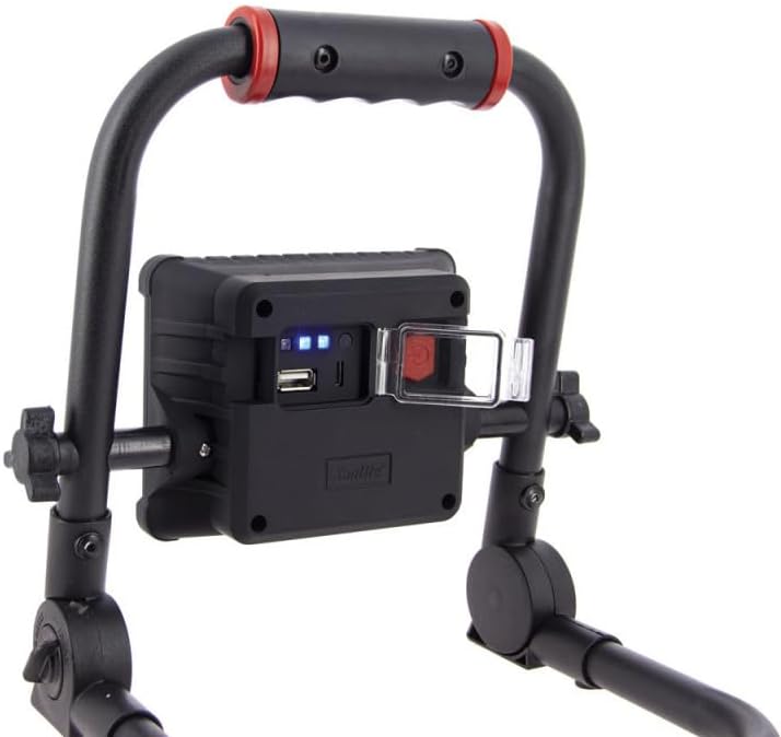 Enrere view of Xanlite PR20WR LED Projector showing charging ports and battery indicators