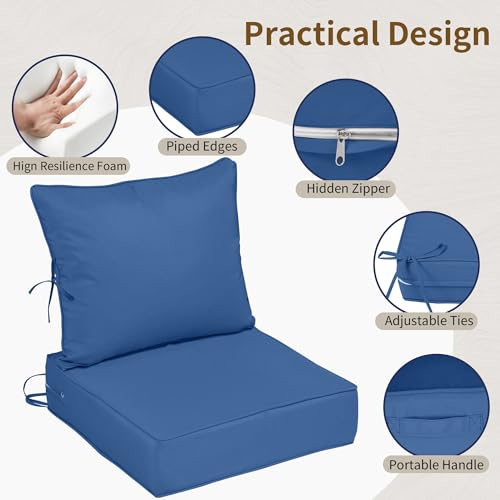 Image of 24x24 Outdoor Chair Cushions Set of 4, Waterproof Deep Seat Cushions for Patio Furniture with Removable Cover, Fade Resistant 4'' Outdoor Seat Cushion w /Ties&Handle for Sofa Loveseat, Blue