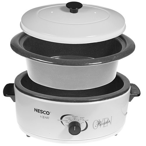 Nesco Roaster Oven Oval 120 V/750 W 6 Qt. Capacity Chrome Rack, Porcelain Well White