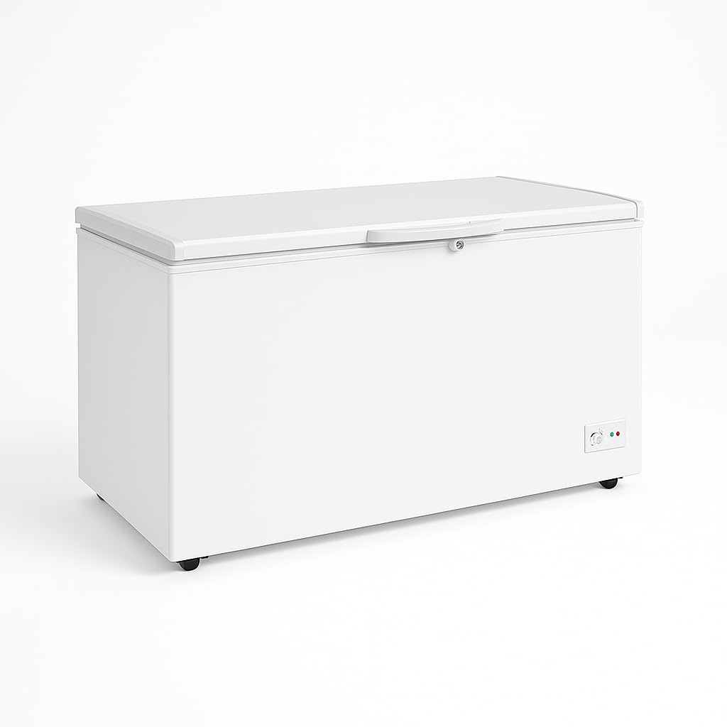 Congélateur Coffre 550L (488L Net) – Température -18 à -22°C – Porte Pleine Battante avec Serrure – LED Intérieur – Thermostat Réglable – Roulettes & Pieds Réglables – 230V – Blanc