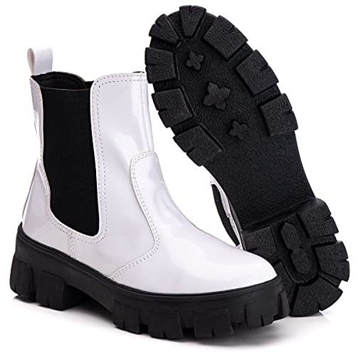 Bota Feminina Botina Chunky Chelsea Conforto Casual (Preto Verniz, 37)