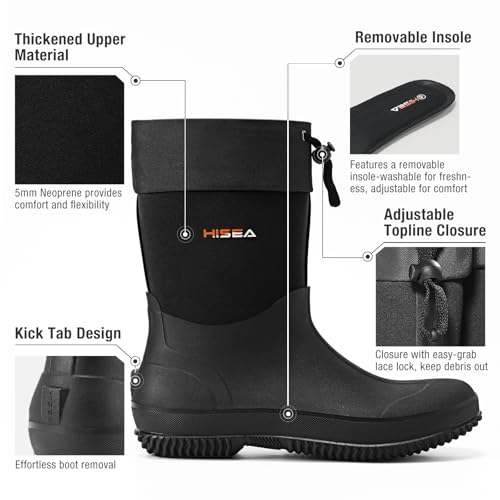 Image of HISEA Unisex Mid Calf Rubber Garden Boots Waterproof Rain Boots Neoprene Outdoor Work Muck Riding Boots for Women Men