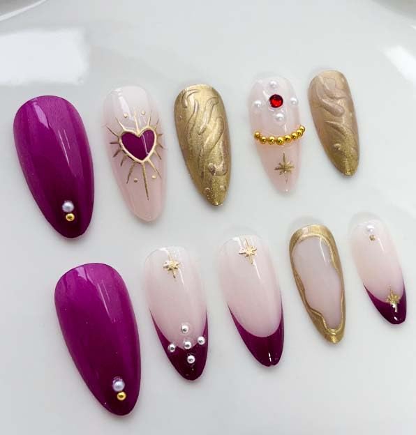 Almond Press On Nails Medium Fake Nails Heart Pearls With Gold Small Steel Ball Design French Tip False Nails Acrylic Artificial Nail Purple Glue On