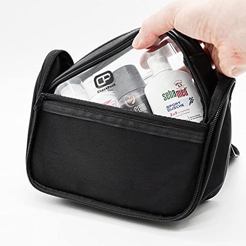ChackPack Secret Leder Transparente kleine Kosmetiktasche zum Aufhängen, Kulturbeutel mit Schultergurt, Unisex Reisetasche für Make-up, Medikamente, Handgepäck & Check-in auf Reisen