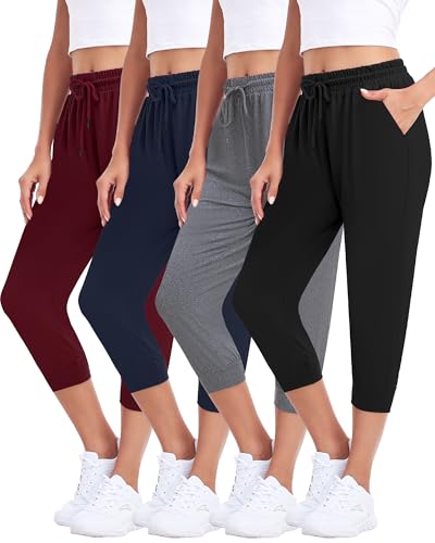 ZENEX 4-Pack Women Lightweight Capri Joggers & Drawstring Sweatpants with Pockets for Yoga Running Workout.