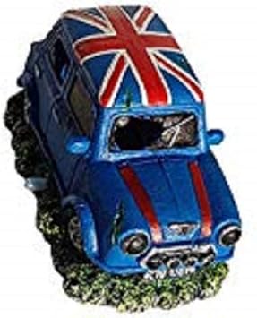 Mini Blue Automobile with Union Jack Roof Aquarium Ornament with Bubbler Attachment, 5 Inch Long Car Decor with Air Bubbling Inlet, Aerating Fish Tank Decoration Air Pump Required, Not Included