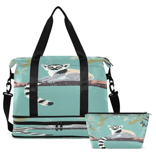 Ring-tailed Lemur Branch Teal Travel Duffel Bag for Women Men Gym Bag with Shoe Compartment Wet Pocket Carry On Weekender Overnight Bags for Travel Hospital Gym