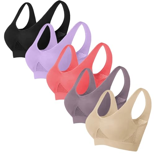5 Pack Sports Bras for Women Breathable Cool Liftup Mesh Air Bra Plus Size Wireless Push up Everyday Comfort T-Shirt Bra, Medium, A1-Black