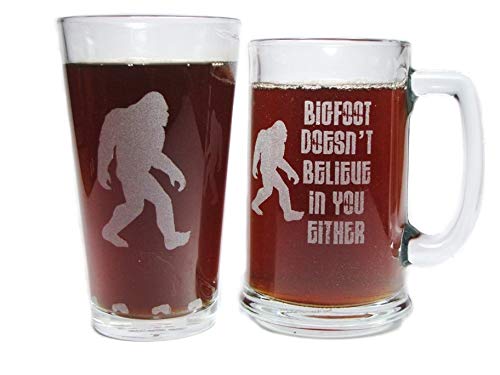 Bigfoot Sasquatch Drink 'Till You Believe Engraved Beer Pint and Beer Mug Glass Gift Set