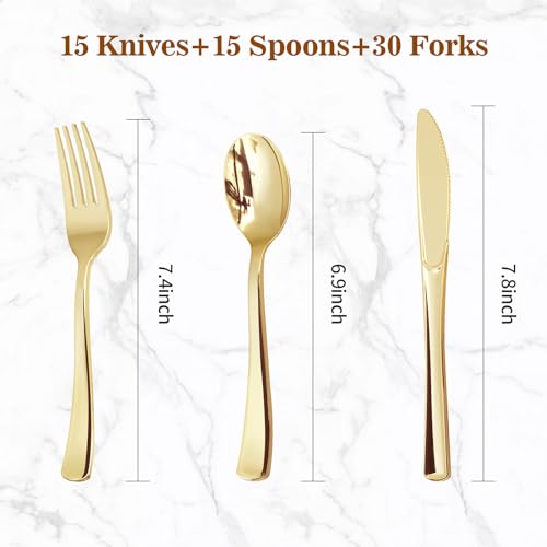 BESTVIP 60PCS Gold Plastic Silverware, Disposable Utensils, Heavy Duty Cutlery Set of 30 Forks, 15 Spoons, 15 Knives for Party, Christmas, Wedding, Catering and Daily Use - Image 4