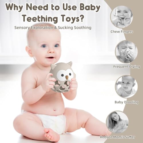 Image of PandaEar Rattle Teether for Babies 0-12 Months, Montessori Silicone Baby Teething Toy, BPA-Free Food Grade Freezer Safe Sensory Toy for Gum Relief & Motor Skills, Beige