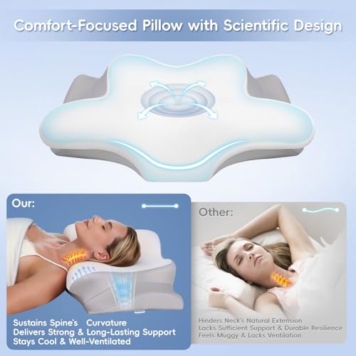 Image of Cervical Neck Pillow, Memory Foam Pillows for Neck and Shoulder Pain Relief, 2 Heights Ergonomic Pillow with Breathable Ice Silk Cover, Neck Support Pillow for Side Sleepers White
