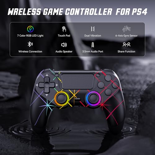 GamingBoy 2 Pack Wireless Controller for PS4, Light-up RGB Remote Control for Ps4/PC with Hall Effect Joystick/1000mAh Battery/Type-C/Dual Vibration/6-Axis Gyro/Audio Jack/Touch Pad(White+Black) - Image 3