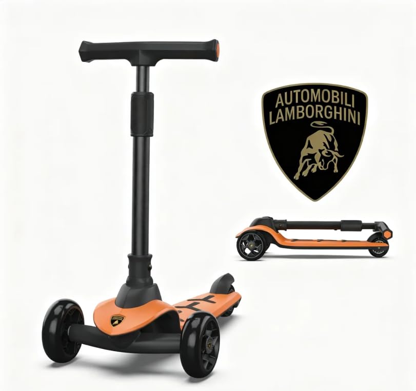 Lamborghini Kids Scooter,Big Wheels Foldable Kick Scooter, Flashing Lights, Adjustable Height,3 Wheel Scooter for Kids Aged 3+ (Orange）